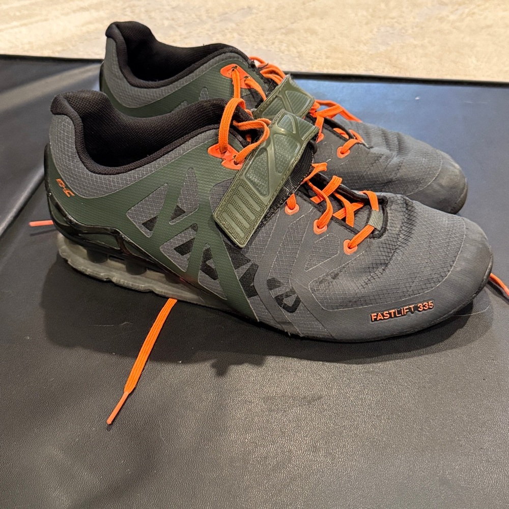 Inov-8 FASTLIFT 335 (Men): Elevate Performance in Thyme/Black/Orange size 10.5